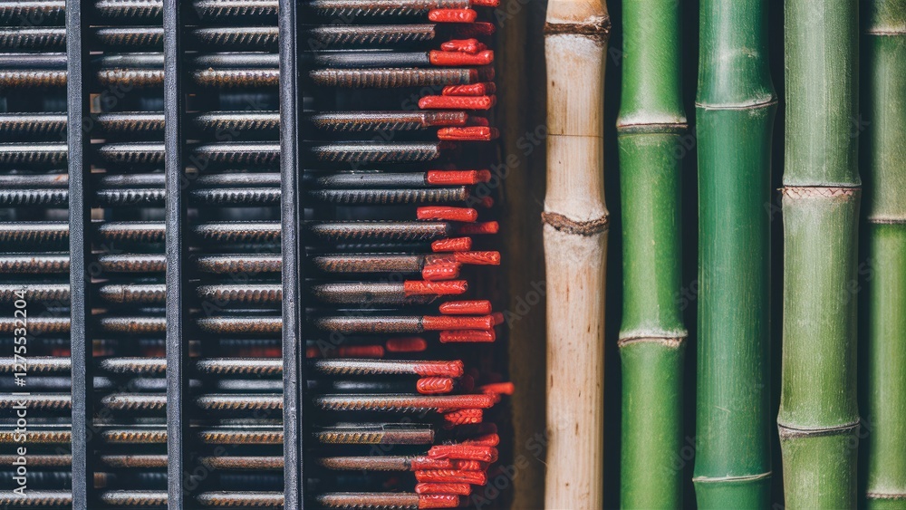 Steel rebar with red accents arranged vertically on the left, contrasted by vertical bamboo segments in green and beige on the right. Steel rebar with red accents arranged vertically on the left, contrasted by vertical bamboo segments in green and beige on the right.