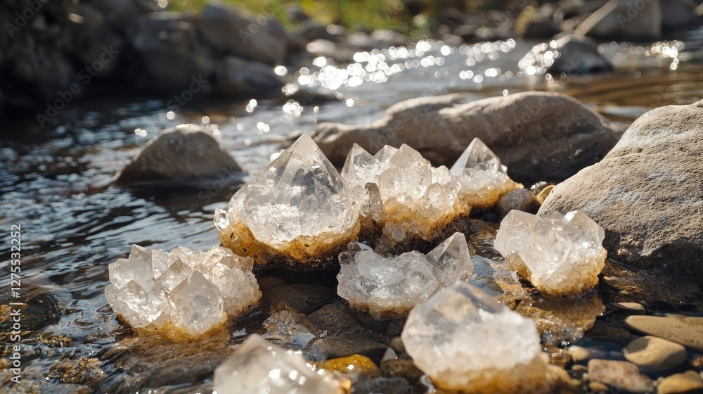 Clear quartz crystals resting on a rocky riverbank with sunlight reflecting on the water. Natural minerals, raw gemstones, geological beauty, energy stones, earths treasures, peaceful. Generative AI Clear quartz crystals resting on a rocky riverbank with sunlight reflecting on the water. Natural minerals, raw gemstones, geological beauty, energy stones, earths treasures, peaceful. Generative AI