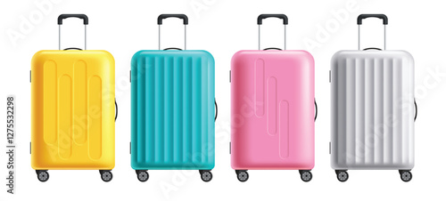 Travel luggage bag clipart set. Colorful suitcase like yellow, blue, pink and purple elements clip art collection for holiday trip adventure vector illustration.