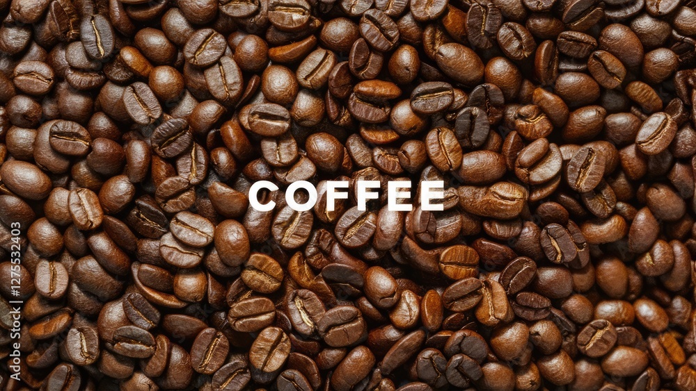 Obraz premium Freshly roasted Arabica coffee beans in rich brown tones with a textured backdrop, featuring a central white text area labeled COFFEE.