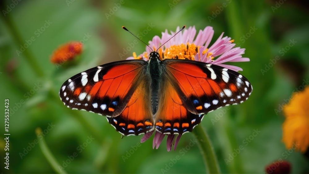 Vibrant orange butterfly perched gracefully on a purple flower surrounded by lush green foliage in a serene garden setting Vibrant orange butterfly perched gracefully on a purple flower surrounded by lush green foliage in a serene garden setting