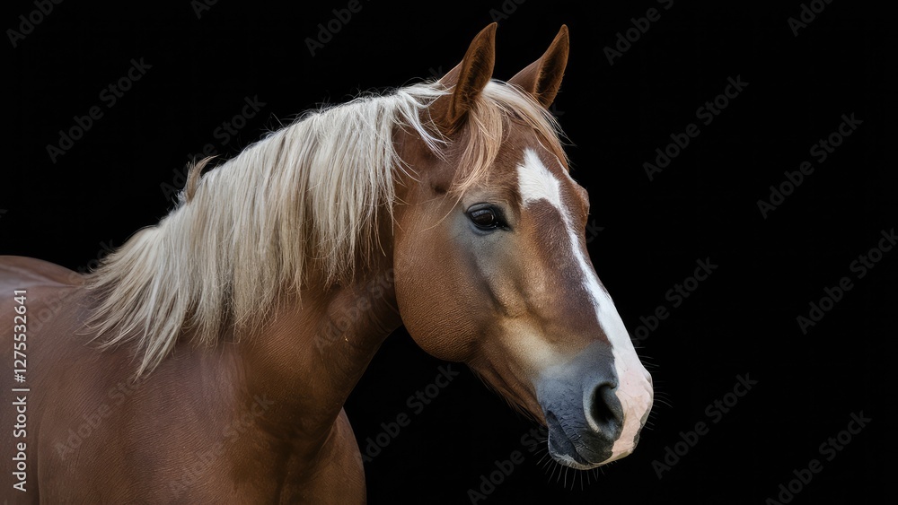 Closeup of a palomino horse with a light golden coat and white mane against a solid black background highlighting its features and charm. Closeup of a palomino horse with a light golden coat and white mane against a solid black background highlighting its features and charm.