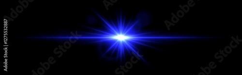 Bright blue glowing light flare with horizontal lens flare effect. Transparent background. Abstract digital illumination for design and overlay effects