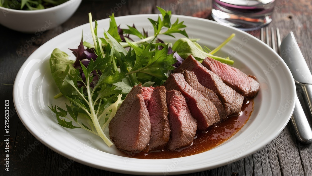 Closeup of a white plate with sliced beef in rich sauce beside vibrant green salad leaves on rustic wooden table background Closeup of a white plate with sliced beef in rich sauce beside vibrant green salad leaves on rustic wooden table background