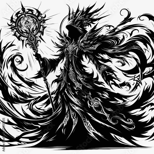 Hooded mage conjuring dark energy in black and white fantasy art