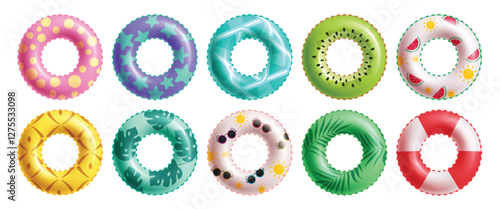 Summer inflatable ring clipart set. Colorful inflatable floaters with printed pattern elements clip art for holiday vacation lifebuoy equipment collection vector illustration.