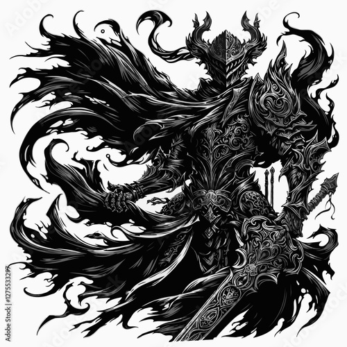 Dark armored warrior with flaming cape in black and white art