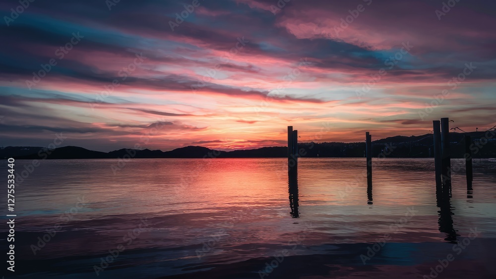 Abstract sunset over calm waters with vibrant pink, orange, and purple hues reflecting off a smooth lake, featuring silhouettes of wooden posts. Abstract sunset over calm waters with vibrant pink, orange, and purple hues reflecting off a smooth lake, featuring silhouettes of wooden posts.