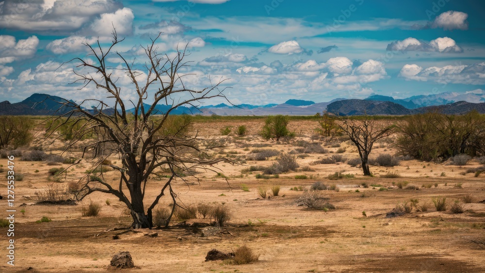 Barren landscape with dry cracked soil and sparse vegetation under a blue sky with fluffy white clouds showcasing drought conditions. Barren landscape with dry cracked soil and sparse vegetation under a blue sky with fluffy white clouds showcasing drought conditions.