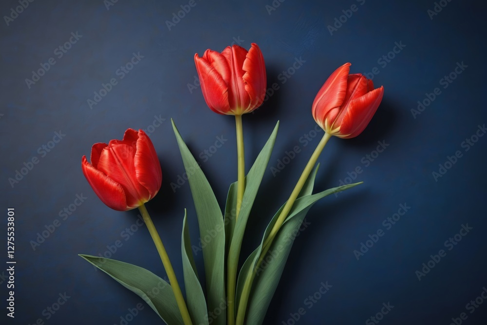 there are three red tulips in a vase on a blue background there are three red tulips in a vase on a blue background