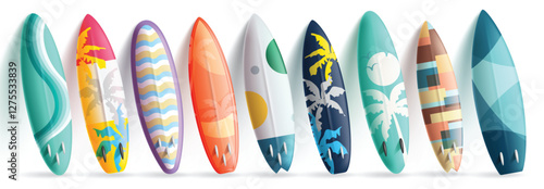 Summer surfboard elements clipart set. Summer surfboard clip art slanting collection in colorful printed pattern for tropical beach sports activity vector illustration.