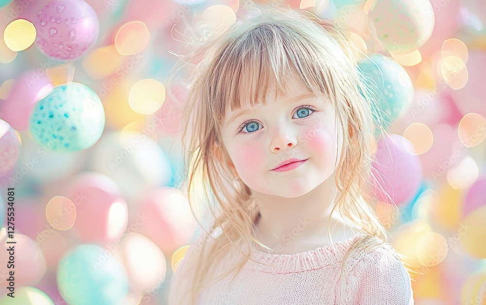 Whimsical portrait of a young girl with soft pink cheeks surrounded by Easter decorations dreamy pastel colors blurred background Whimsical portrait of a young girl with soft pink cheeks surrounded by Easter decorations dreamy pastel colors blurred background