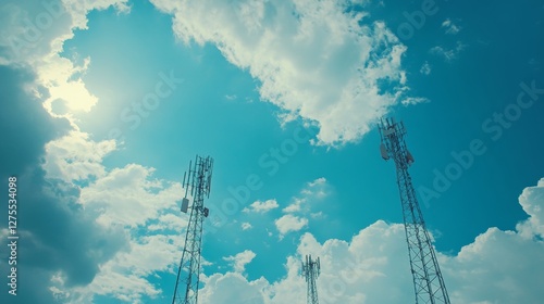 A low-angle photograph of several cell phone towers, with a blue sky and clouds in the background, 