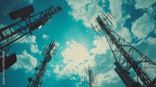 A low-angle photograph of several cell phone towers, with a blue sky and clouds in the background, 