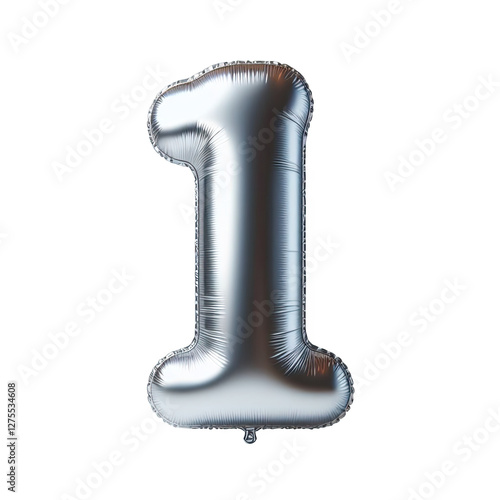 Silver Number 1 Balloon, Shiny metallic foil balloon shape party decoration, isolated on transparent cutout PNG	