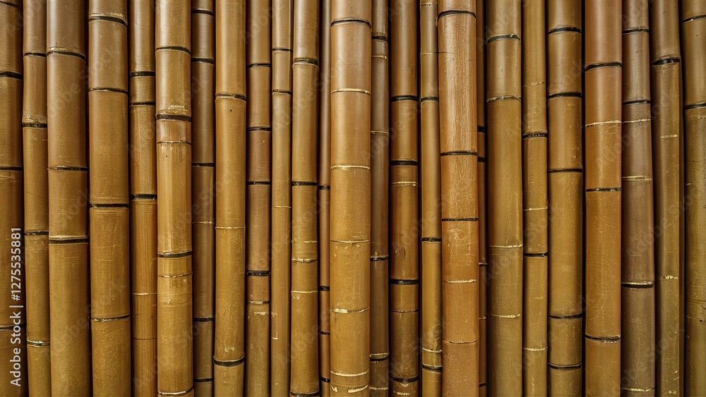 Fototapeta premium Close-up of vertical bamboo stalks in varying shades of brown and yellow, creating a textured background with natural patterns and details.