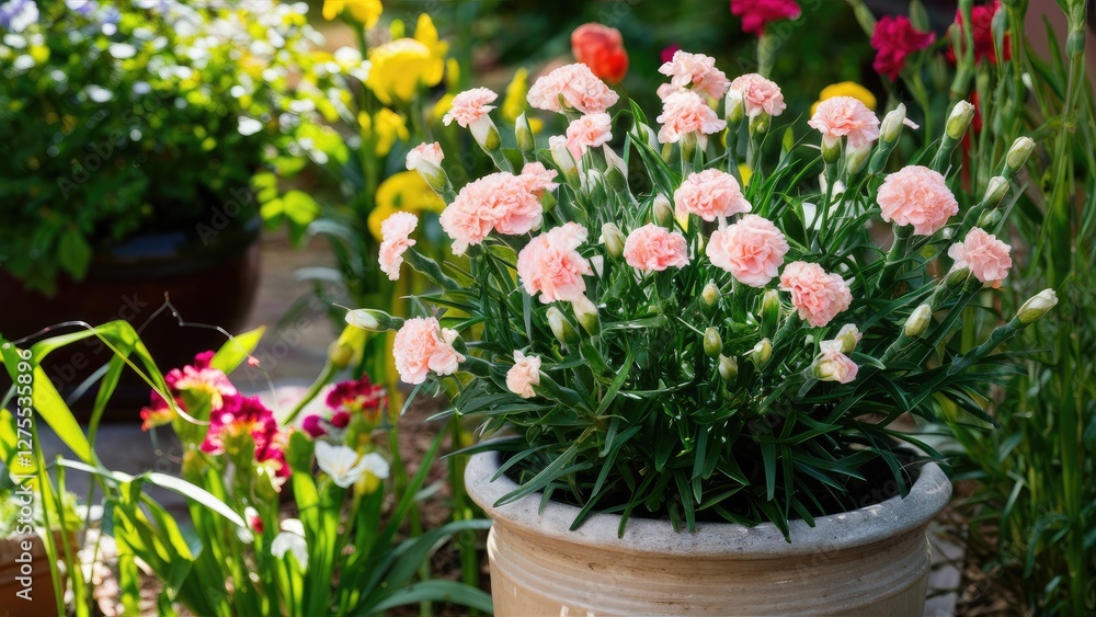 Pink carnations in a beige ceramic pot surrounded by vibrant yellow and red flowers with lush green foliage in a sunny garden setting. Pink carnations in a beige ceramic pot surrounded by vibrant yellow and red flowers with lush green foliage in a sunny garden setting.