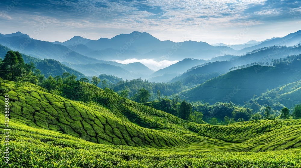 Naklejka premium Verdant Panoramic Landscape with Rolling Hills and Misty Mountains