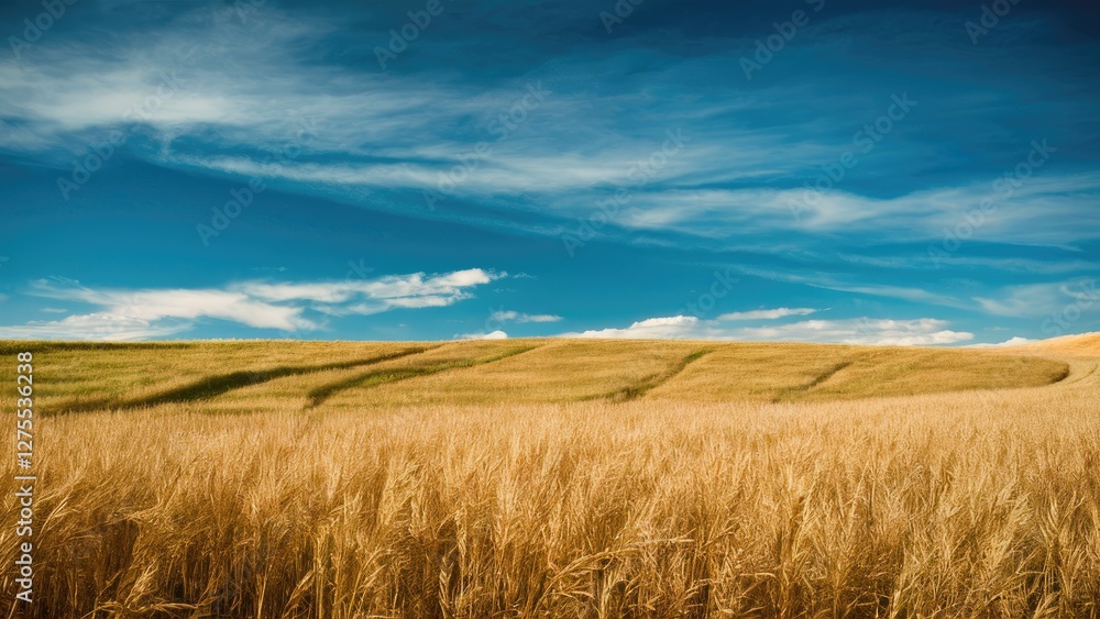 Golden wheat field stretching across rolling hills under a bright cerulean sky with soft clouds in the distance, vibrant golden tones dominating the scene.