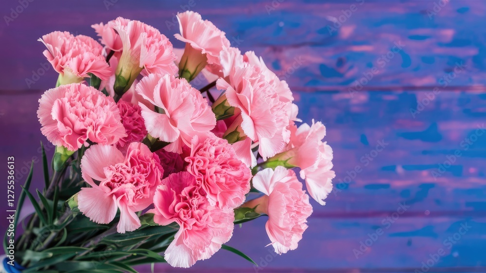 Fototapeta premium Pink carnations bouquet arranged in a blue vase on a rustic purple wooden background showcasing vibrant blooms and lush green leaves.