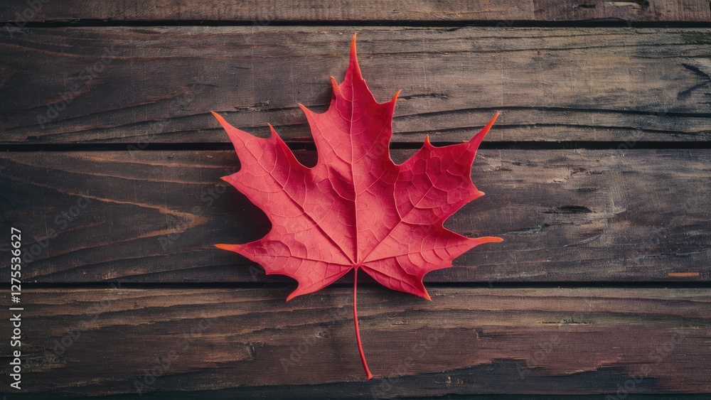 Obraz premium Vibrant red maple leaf prominently centered on rustic wooden surface with deep brown and gray tones highlighting natural textures and details