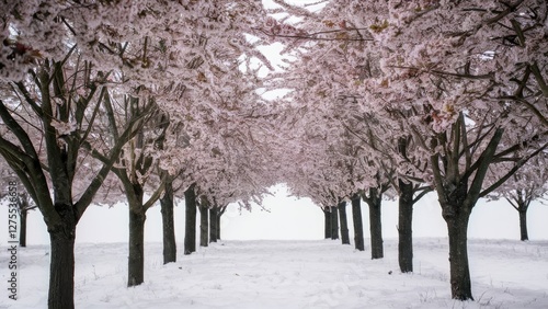 Blossoming cherry trees with pink flowers line a snowy path creating a serene spring scene against a white background. photo