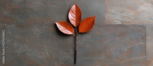 A single leaf with three lobes rests on a textured gray surface. photo