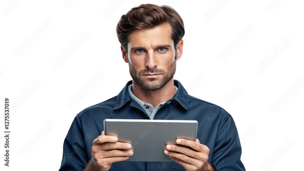 Professional Man Holding Tablet with Serious Expression Professional Man Holding Tablet with Serious Expression