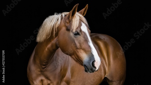 Closeup portrait of a palomino horse in warm golden tones against a solid black background highlighting its graceful profile and elegant mane. photo