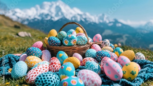 A basket of Easter eggs sits on a blanket on a grassy hill, with a mountain range in the background.
