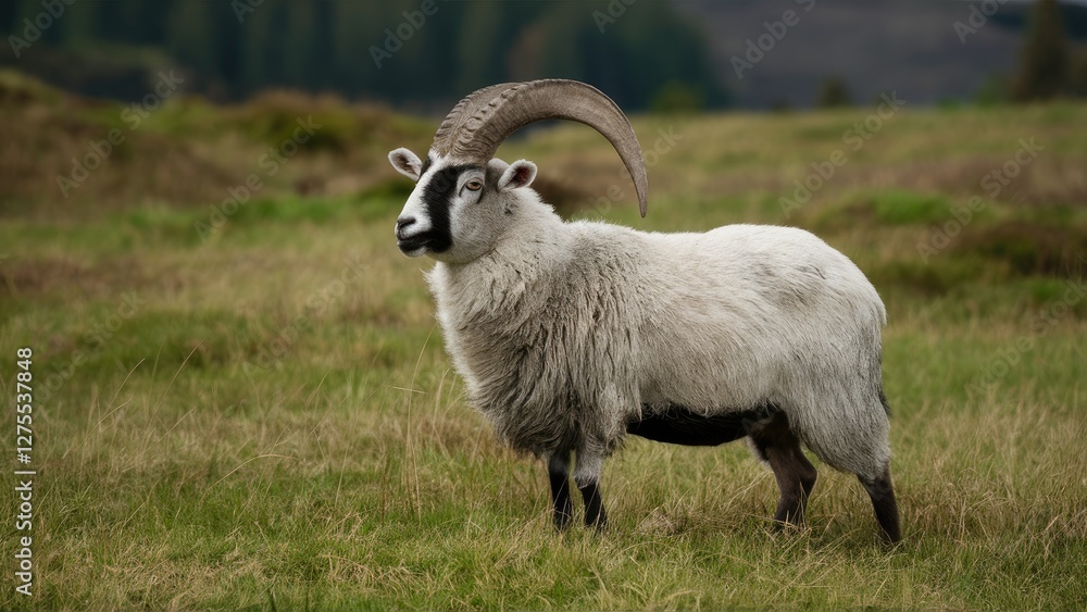 European mouflon standing majestically in green grassland featuring a white coat with dark patches and prominent curved horns under a cloudy sky. European mouflon standing majestically in green grassland featuring a white coat with dark patches and prominent curved horns under a cloudy sky.