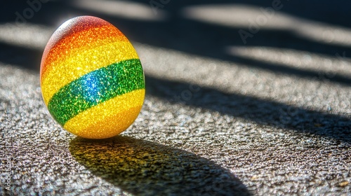 Glittery Easter egg outdoors, sunlight shadows, spring