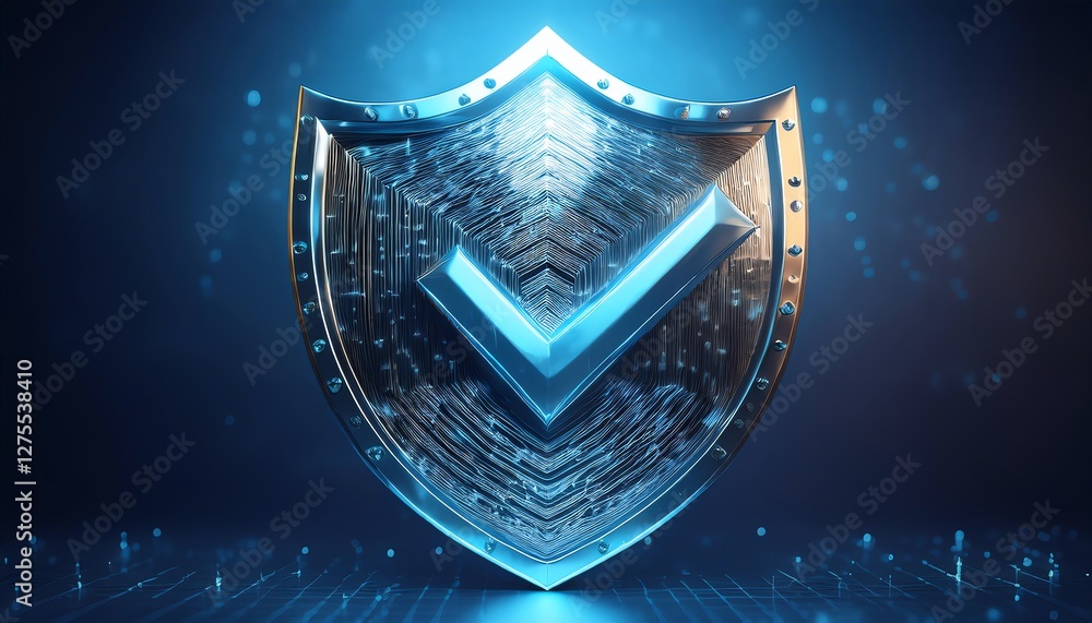 Fototapeta premium A digital shield emblem with a check mark, symbolizing security and protection in a high-tech environment.