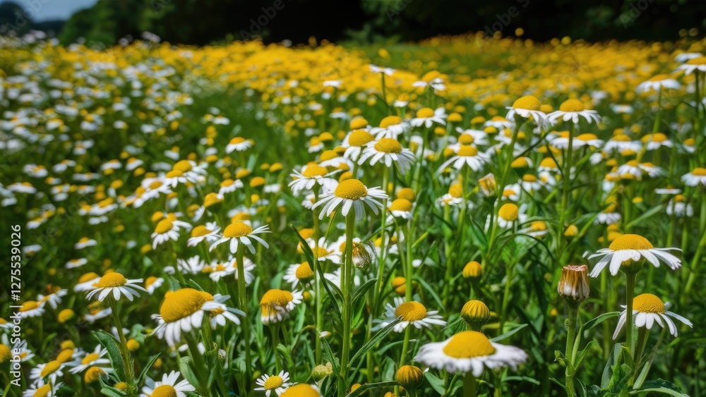 Fototapeta premium Vibrant wildflower field in spring with daisies and yellow blooms abundant against a blurred green backdrop showcasing nature's beauty.