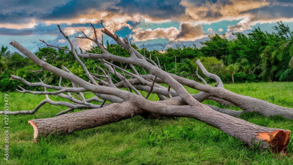 Severed tree branches lay on vibrant green grass under a dramatic cloudy sky with blue and orange hues showcasing nature's remnants. Severed tree branches lay on vibrant green grass under a dramatic cloudy sky with blue and orange hues showcasing nature's remnants.
