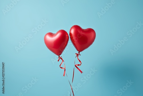 there are two red heart shaped balloons with a red ribbon