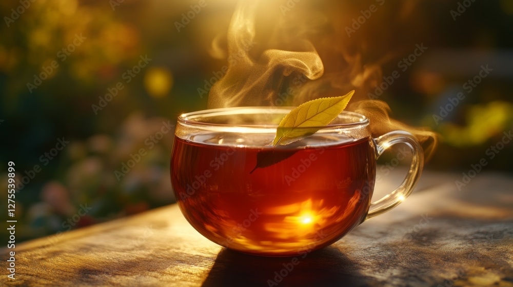 Steaming Cup of Black Tea with Leaf Under Glowing Sunlight Steaming Cup of Black Tea with Leaf Under Glowing Sunlight