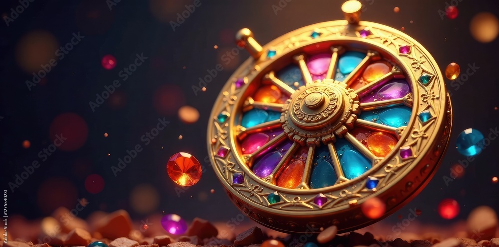 Fototapeta premium Golden Wheel of Fortune with intricate carvings and gemstones spinning in mid-air, spinning, fortune, gemstone