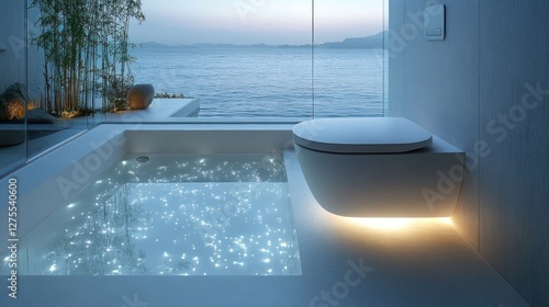 Modern coastal bathroom twilight ocean view photo