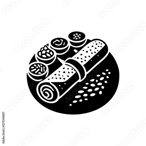 Minimalist sushi roll and dipping sauces illustration