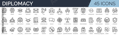 Set of 45 outline icons related to diplomacy. Linear icon collection. Editable stroke. Vector illustration