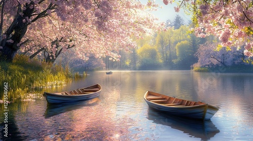 Tranquil lake scene with two wooden boats floating among blooming cherry blossoms. Spring landscape, calm water, peaceful nature, romantic setting, soft sunlight, reflection on water. Generative AI