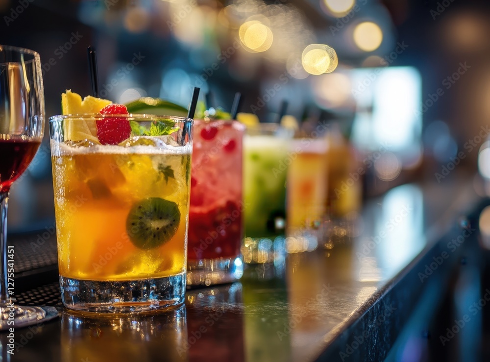 Vibrant row of refreshing fruit and vegetable drinks lined up on a stylish bar counter. Vibrant row of refreshing fruit and vegetable drinks lined up on a stylish bar counter.