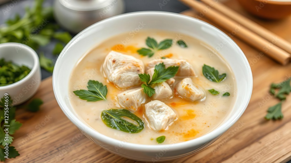 Chicken with coconut milk soup served in a white bowl, a traditional Thai dish known as tom kha kai, appetizing, homemade, herbs Chicken with coconut milk soup served in a white bowl, a traditional Thai dish known as tom kha kai, appetizing, homemade, herbs