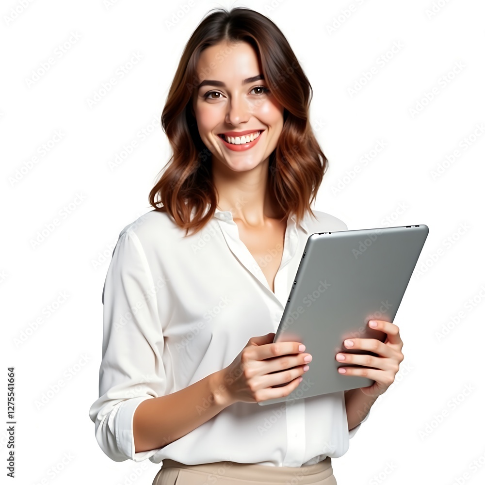 Portrait of a smiling young businesswoman holding a tablet, isolated on a transparent background Portrait of a smiling young businesswoman holding a tablet, isolated on a transparent background