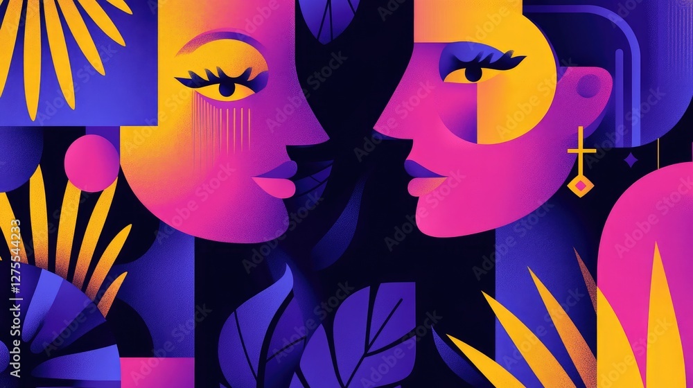 Surreal abstract art with bold colors and flowing lines, forming whimsical faces and vibrant shapes on a flat illustration. Surreal abstract art with bold colors and flowing lines, forming whimsical faces and vibrant shapes on a flat illustration.
