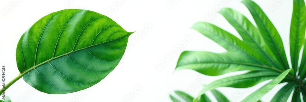 Fototapeta premium Large, leathery leaf with prominent midrib on isolated white background, tropical, nature, flora