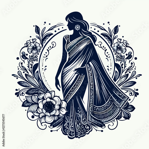 Fashion saree logo design with women figure template or clothing logo design illustration, Generative Ai.
