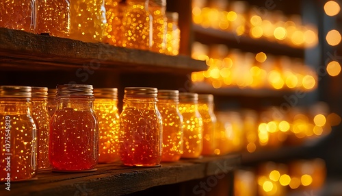 Wallpaper Mural Glowing jars, rustic shelf, warm lights, cozy decor, website Torontodigital.ca