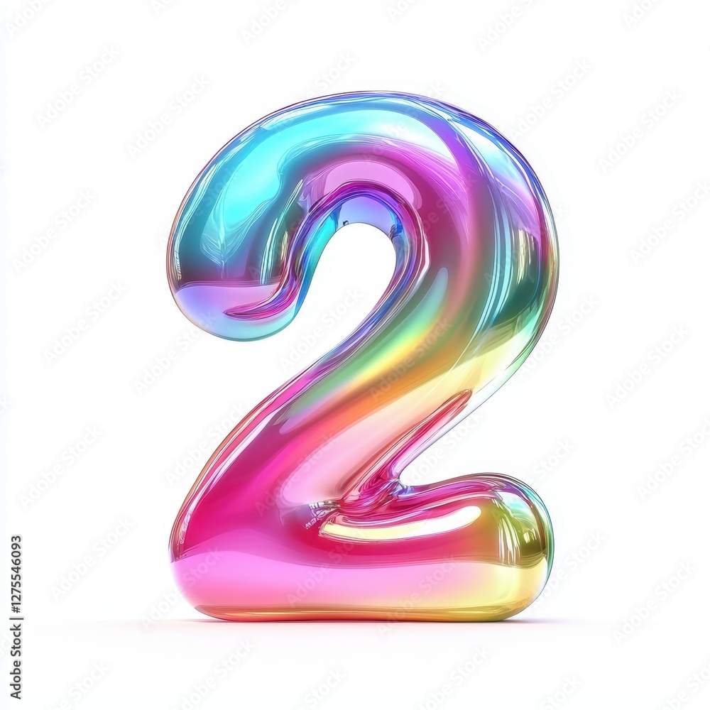 Number 2 made of iridescent opal with shifting rainbow colors isolated on a clean white background Number 2 made of iridescent opal with shifting rainbow colors isolated on a clean white background